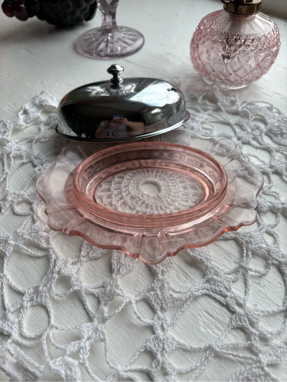 Pink Glass Butter Dish with Silver-Tone Dome